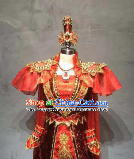 Chinese Traditional Ethnic Dance Costume Mongolian Nationality Stage Performance Red Dress for Women