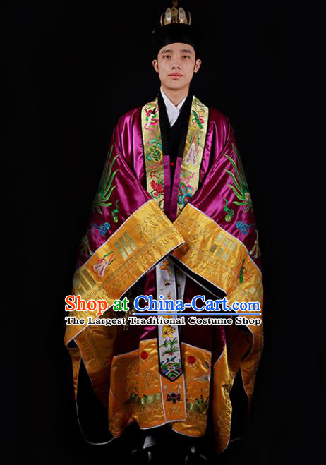 Chinese National Taoist Priest Embroidered Dragons Purple Cassock Traditional Taoism Costume for Men