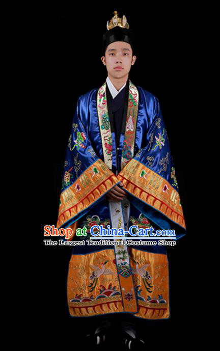 Chinese National Taoist Priest Embroidered Cranes Royalblue Cassock Traditional Taoism Costume for Men