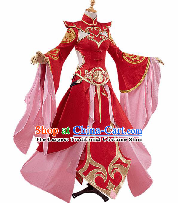 Chinese Traditional Cosplay Peri Red Hanfu Dress Ancient Halloween Swordswoman Costume for Women