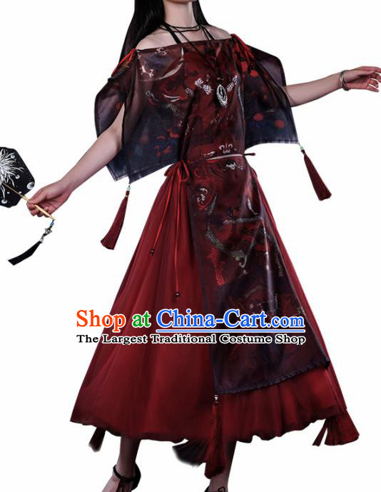 Traditional Halloween Cosplay Swordswoman Costume Ancient Knight Red Dress for Women