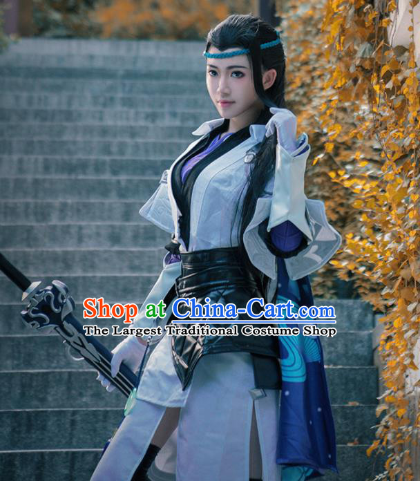 Traditional Halloween Cosplay Swordswoman Costume Chinese Ancient Heroine White Hanfu Dress for Women