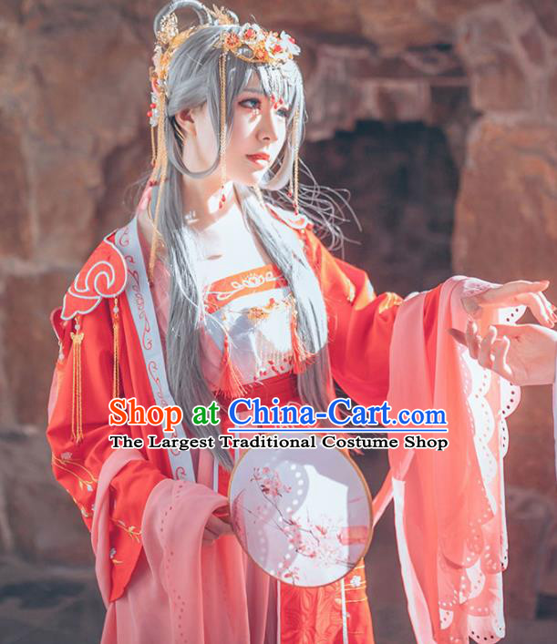 Traditional Halloween Cosplay Swordswoman Costume Chinese Ancient Court Princess Red Hanfu Dress for Women