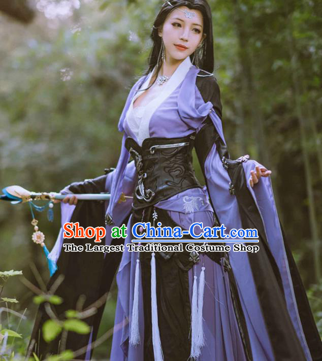 Chinese Traditional Cosplay Peri Princess Costume Ancient Swordswoman Purple Hanfu Dress for Women