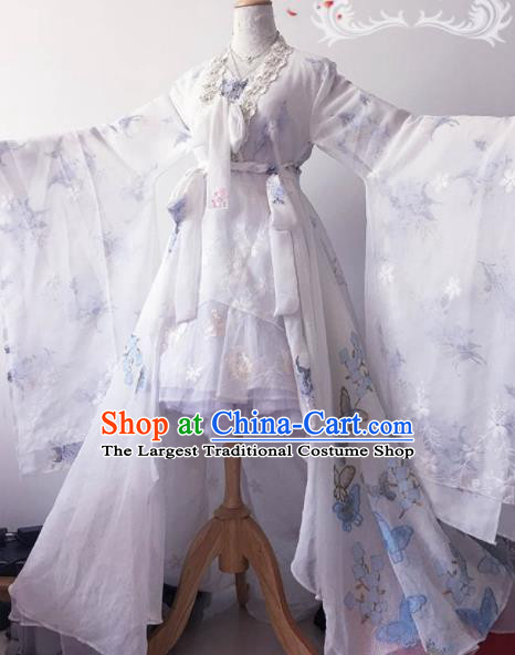 Traditional Halloween Cosplay Peri Costume Ancient Princess White Hanfu Dress for Women