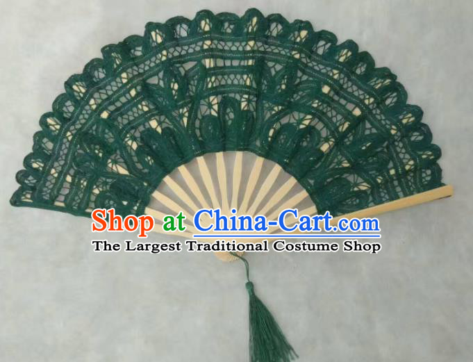 Chinese Traditional Green Lace Fans Handmade Folding Fan