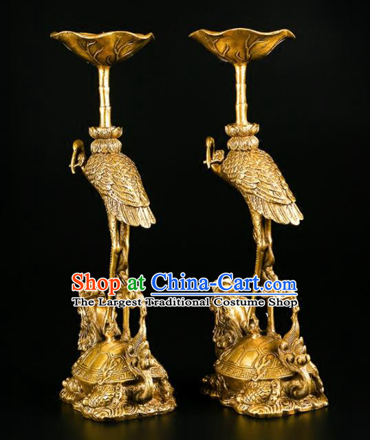 Chinese Traditional Feng Shui Items Buddhism Brass Cranes Candlestick Decoration