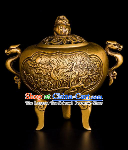 Chinese Traditional Taoism Carving Crane Brass Incense Burner Feng Shui Items Bagua Censer Decoration