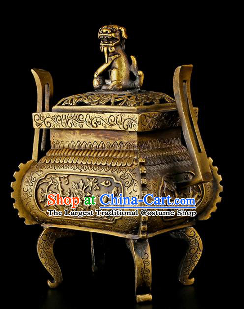 Chinese Traditional Carving Peony Brass Incense Burner Taoism Bagua Feng Shui Items Censer Decoration