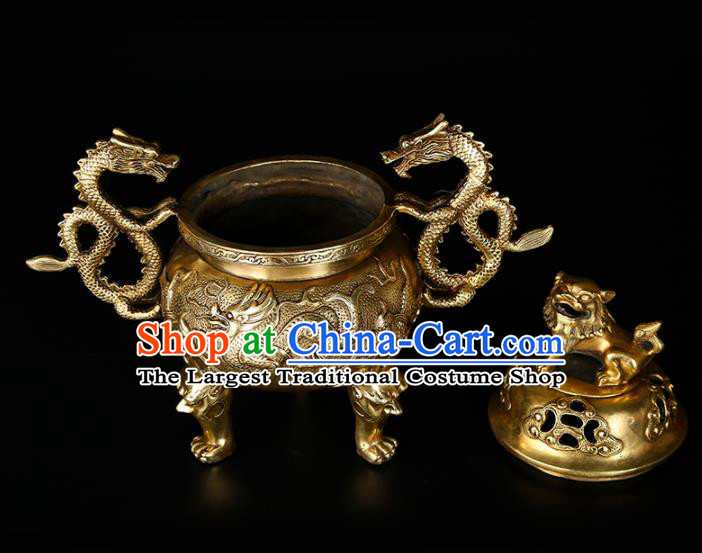 Chinese Traditional Taoism Bagua Brass Lion Dragons Incense Burner Feng Shui Items Censer Decoration