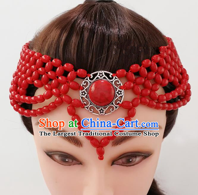 Chinese Traditional Mongolian Ethnic Hair Accessories Mongol Nationality Red Beads Hair Clasp for Women