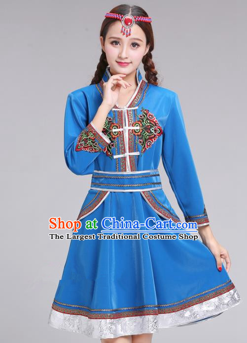 Chinese Traditional Mongolian Ethnic Blue Short Dress Mongol Nationality Costumes for Women