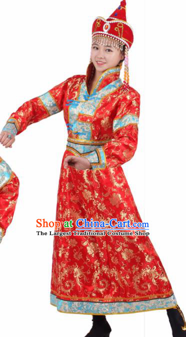 Chinese Traditional Mongolian Ethnic Red Brocade Dress Mongol Nationality Folk Dance Costumes for Women