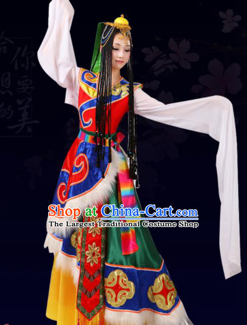 Chinese Traditional Tibetan Ethnic Folk Dance Costume Zang Nationality Dance Dress for Women