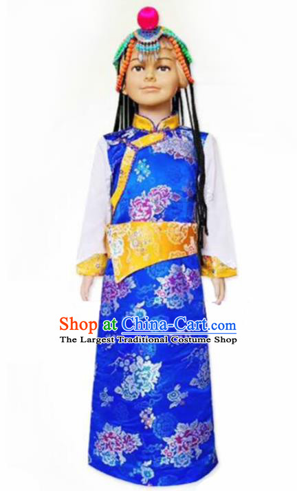 Chinese Traditional Tibetan Girls Kham Royalblue Dress Zang Nationality Heishui Dance Ethnic Costumes for Kids