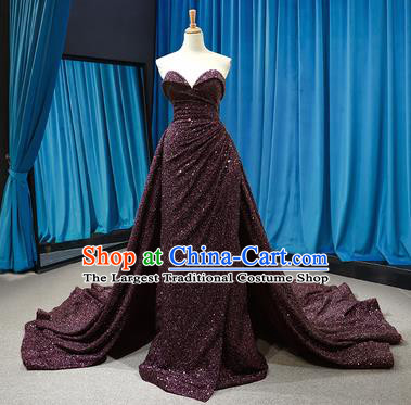 Top Grade Compere Strapless Full Dress Princess Purple Paillette Trailing Wedding Dress Costume for Women