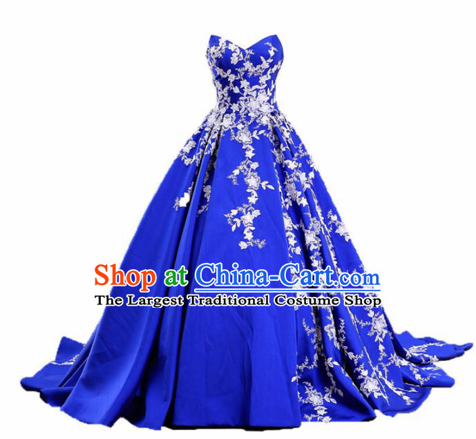 Top Grade Compere Royalblue Trailing Full Dress Princess Embroidered Wedding Dress Costume for Women