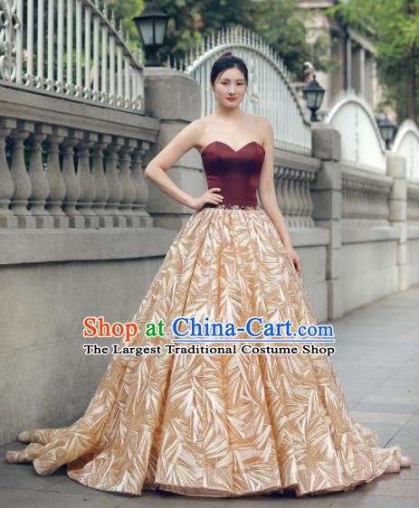 Top Grade Compere Golden Veil Trailing Full Dress Princess Embroidered Wedding Dress Costume for Women