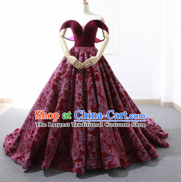 Top Grade Compere Wine Red Embroidered Full Dress Princess Trailing Wedding Dress Costume for Women
