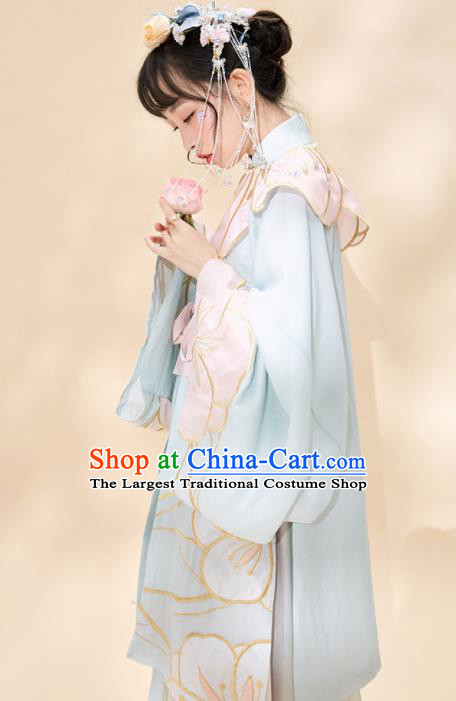 Chinese Traditional Peri Blue Hanfu Dress Ancient Ming Dynasty Princess Embroidered Costume for Women