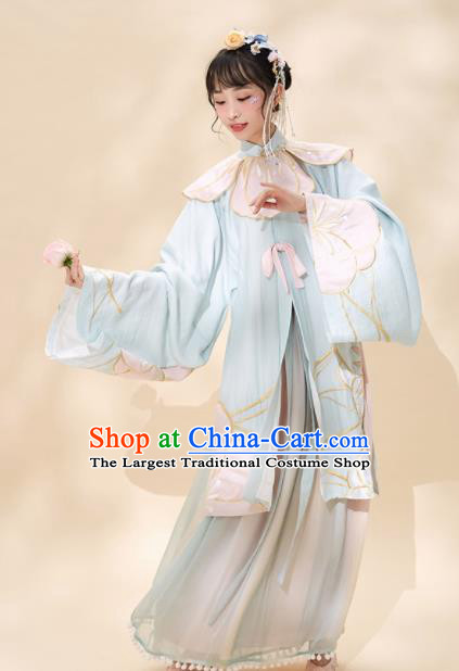 Chinese Traditional Peri Blue Hanfu Dress Ancient Ming Dynasty Princess Embroidered Costume for Women