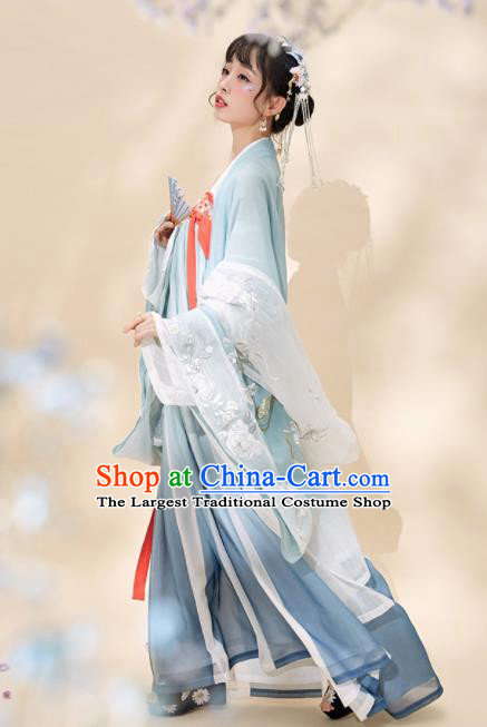 Chinese Traditional Peri Blue Hanfu Dress Ancient Tang Dynasty Princess Embroidered Costume for Women