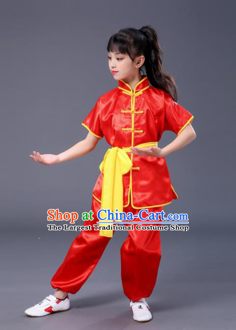 Chnese Traditional Folk Dance Short Sleeve Costume Martial Arts Kung Fu Red Clothing for Kids