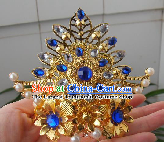 Chinese Traditional God of Wealth Hair Accessories Ancient Blue Crystal Hairdo Crown for Men