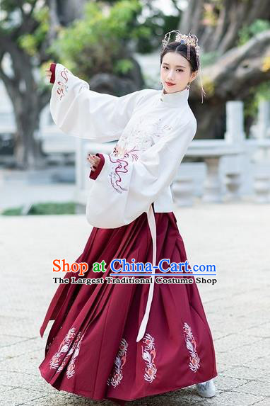Chinese Traditional Wine Red Hanfu Dress Ancient Ming Dynasty Palace Princess Embroidered Costume for Women