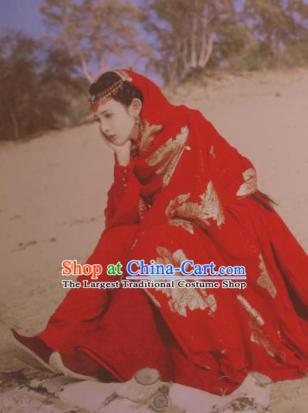 Traditional Chinese Drama Red Hanfu Dress Ancient Ethnic Princess Embroidered Replica Costume and Headpiece for Women