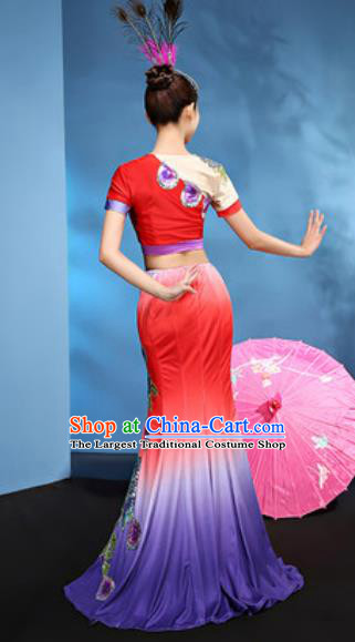 Chinese Traditional Ethnic Folk Dance Red Dress Dai Nationality Peacock Dance Costume for Women