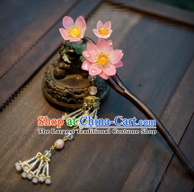 Chinese Traditional Hair Accessories Ancient Bride Lotus Wood Hairpins Handmade Tassel Step Shake Headwear for Women