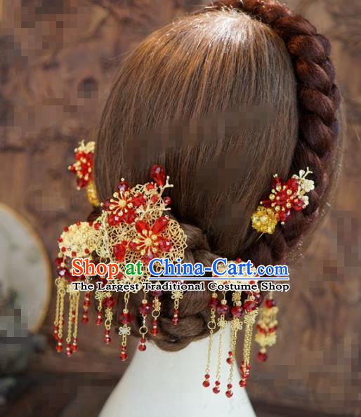 Chinese Traditional Hair Accessories Ancient Bride Red Beads Hairpins Handmade Tassel Step Shake Headwear for Women