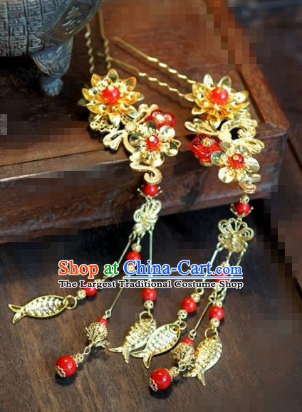 Chinese Traditional Hair Accessories Ancient Bride Golden Fishes Tassel Hairpins Headwear for Women