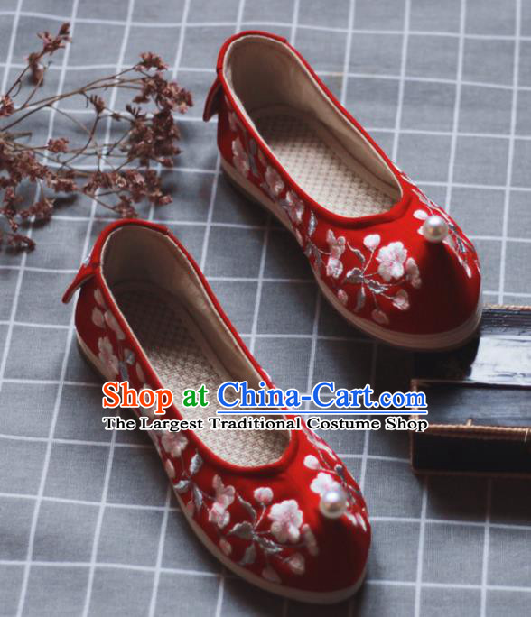Asian Chinese Wedding Hanfu Shoes Traditional Ancient Princess Pearl Red Embroidered Shoes for Women