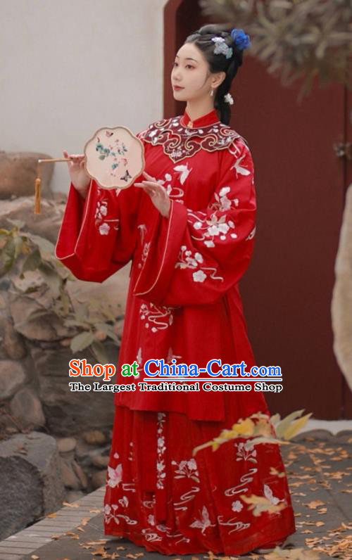 Chinese Traditional Ming Dynasty Wedding Historical Hanfu Dress Ancient Palace Princess Red Embroidered Costume for Women