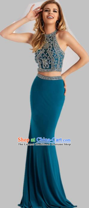 Top Grade Compere Costume Peacock Blue Full Dress Modern Dance Princess Wedding Dress for Women