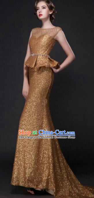 Top Grade Compere Modern Fancywork Costume Golden Trailing Full Dress Princess Wedding Dress for Women