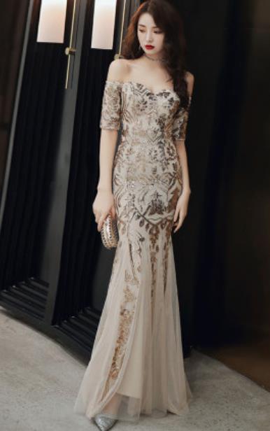 Top Grade Catwalks Champagne Veil Fishtail Crystal Evening Dress Compere Modern Fancywork Costume for Women