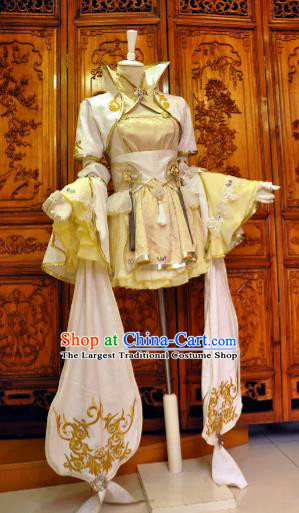 Chinese Traditional Cosplay Princess Costume Ancient Peri Swordswoman Golden Dress for Women