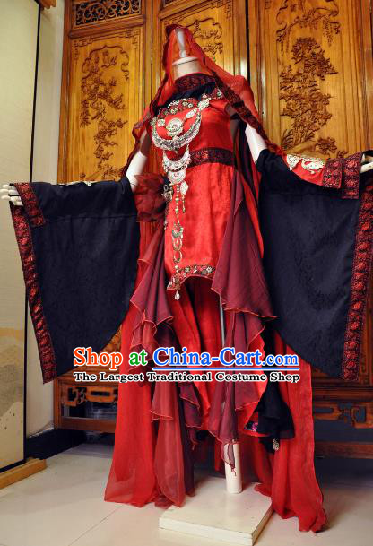Chinese Traditional Cosplay Female Knight Costume Ancient Swordswoman Red Dress for Women