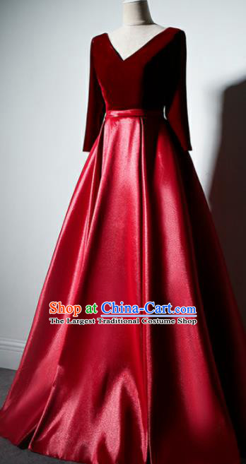 Professional Compere Costume Red Velvet Full Dress Modern Dance Princess Wedding Dress for Women