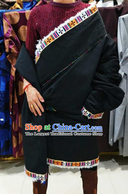 Chinese Traditional National Black Tibetan Robe Zang Nationality Ethnic Folk Dance Costume for Men