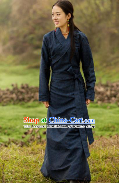 Chinese Traditional Tibetan Ethnic Female Deep Blue Dress Zang Nationality Heishui Dance Costume for Women