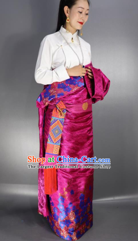 Chinese Traditional Tibetan National Ethnic Rosy Robe Zang Nationality Wedding Costume for Women