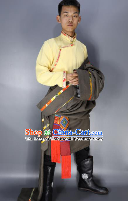 Traditional Chinese National Bride Ethnic Grey Tibetan Robe Zang Nationality Folk Dance Costumes for Men