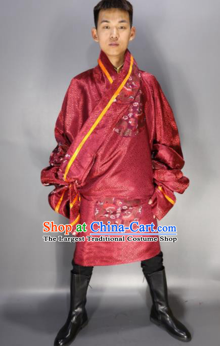 Traditional Chinese National Ethnic Embroidered Red Tibetan Robe Zang Nationality Folk Dance Costumes for Men