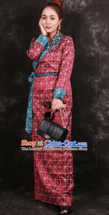 Chinese Traditional Tibetan Ethnic Red Brocade Dress Zang Nationality Heishui Dance Costume for Women