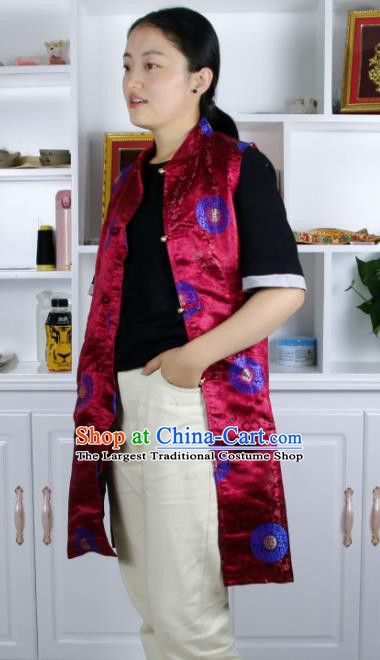 Chinese Traditional National Ethnic Wine Red Tibetan Vest Zang Nationality Costume for Women