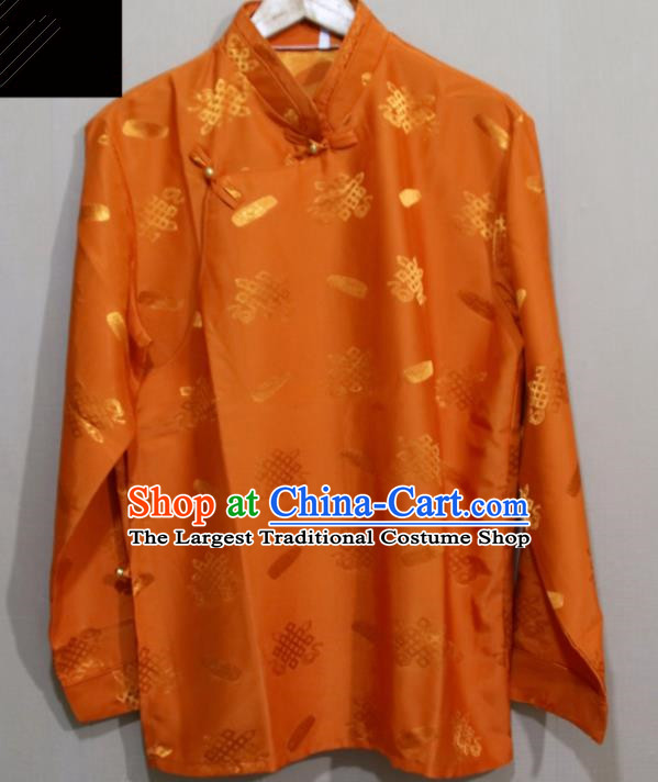 Chinese Traditional Tibetan Orange Shirt Zang Nationality Ethnic Folk Dance Costume for Men